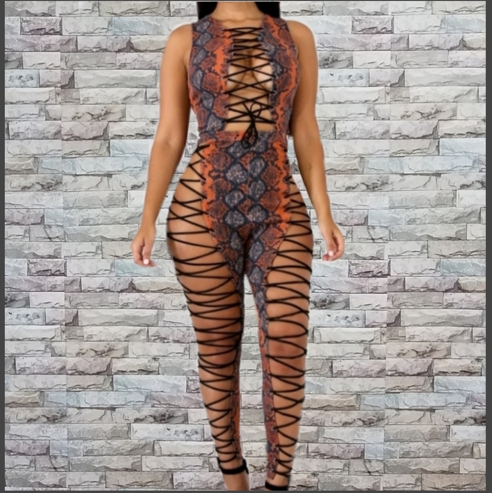 Snakeskin Print Lace Up Jumpsuit